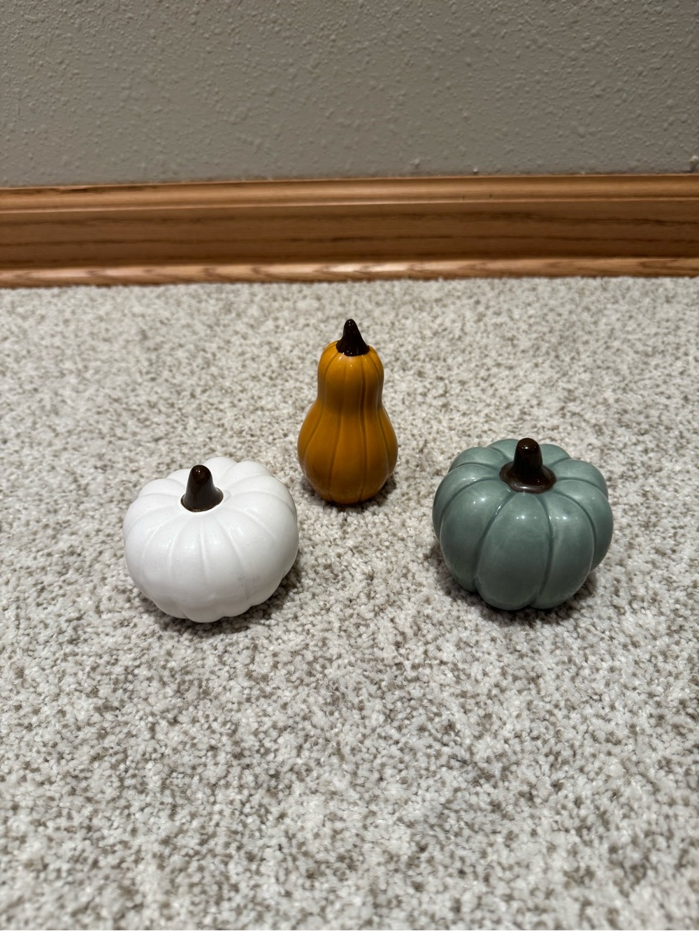 Set of 3 Muted Pastel Ceramic Pumpkins - White, Mustard, Sage Green